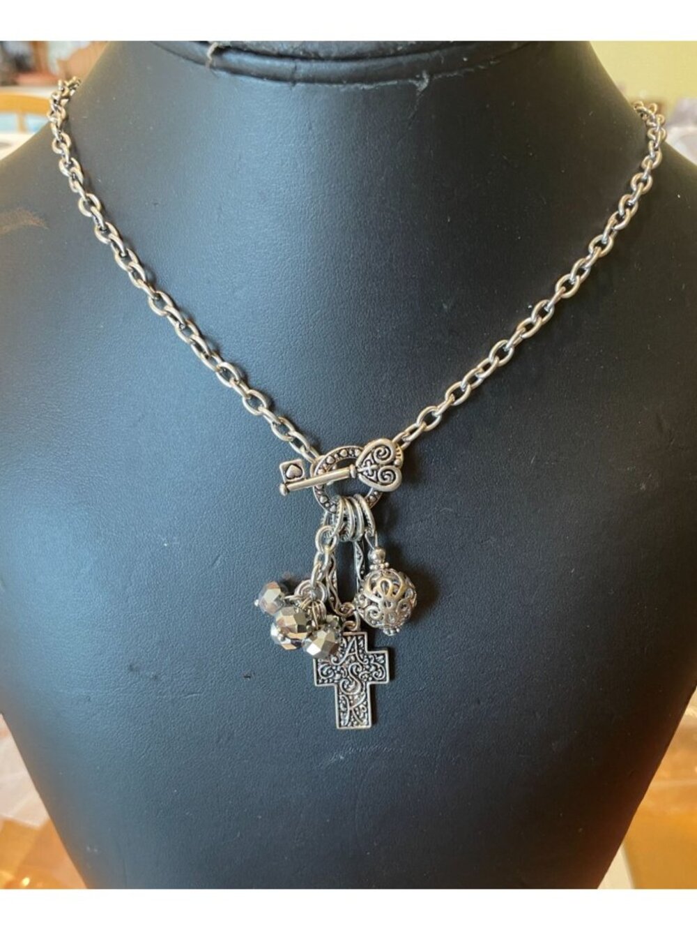 Vintage Silver Tone Gothic Cross Key Toggle Charm Cluster Necklace 18" Chain